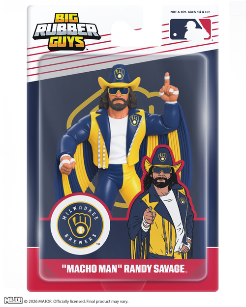 "Macho Man" Randy Savage MLB Milwaukee Brewers Big Rubber Guy Action Figure, 1980s Retro 8" Collectible Toy (SHIPS IN FEBRUARY)